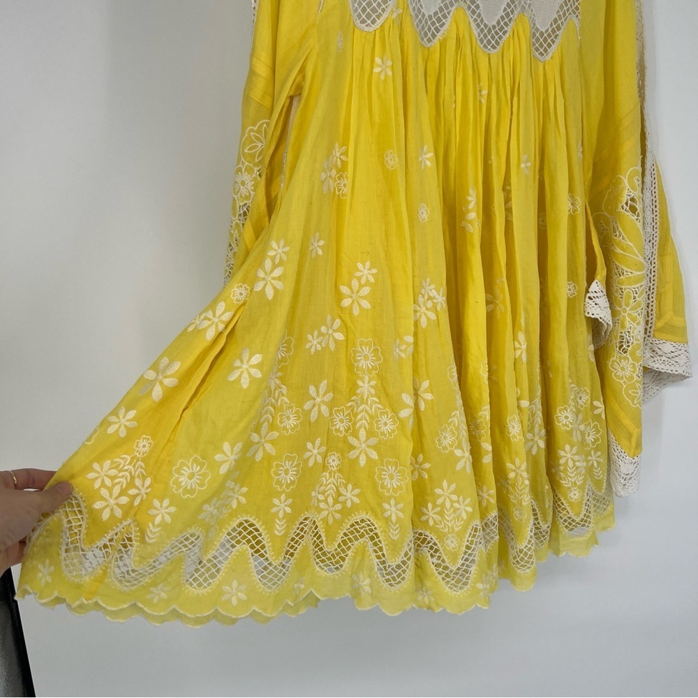 Free People x House of Aama Yellow 100% Cotton Floral Embroidered Mini Dress XS - Picture 5 of 9